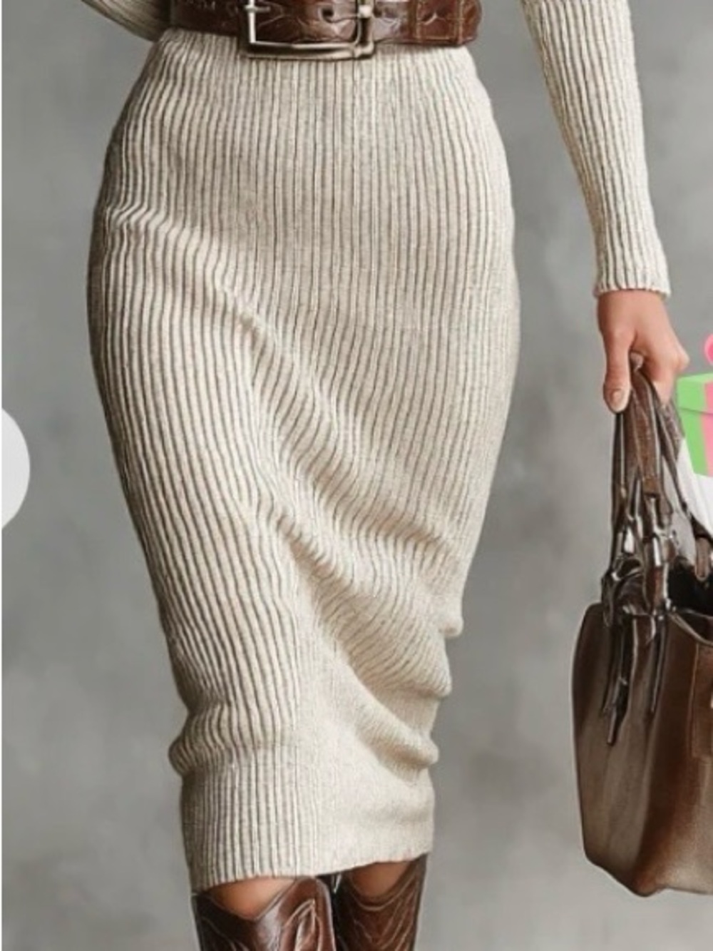 Modesees Cream Ribbed Knit Maxi Dress with Collar - Picture 2 of 4